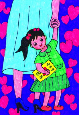 感恩母亲节儿童画作品-牵着妈妈的手