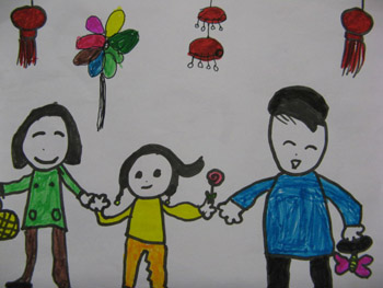 儿童画过新年的图画-和爸爸妈妈去拜年