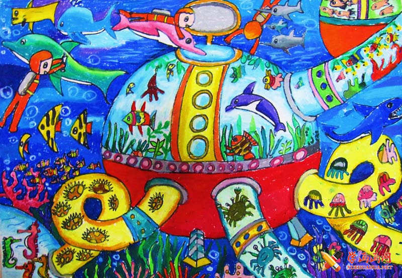 优秀小学生科幻画作品欣赏_《海洋生物救助站》(1)