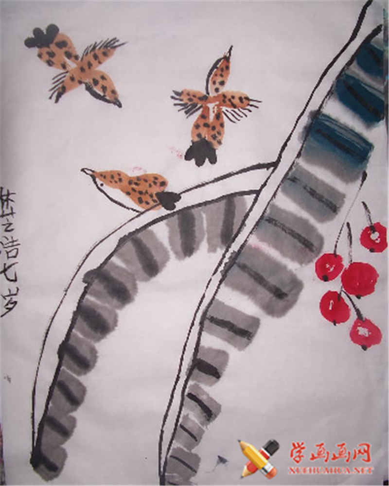 查看原始大图 儿童中国画芭蕉叶上的小鸟(1)