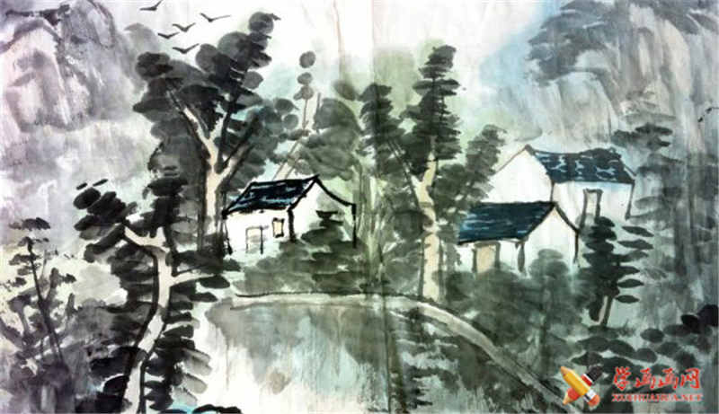 儿童中国画作品村落小屋(1)