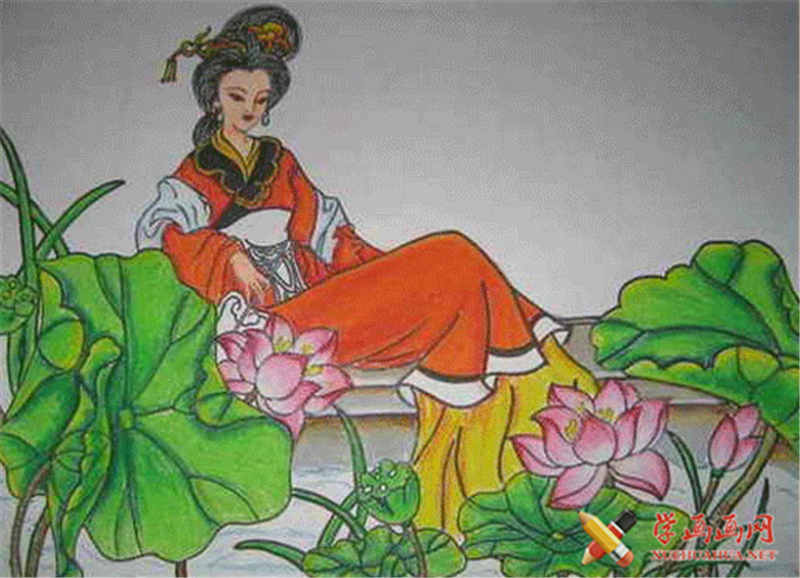 查看原始大图 儿童中国画美女赏荷(1)