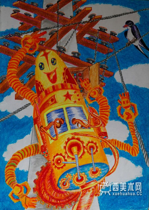 获奖儿童科幻画《高空架缆机器人》(1)