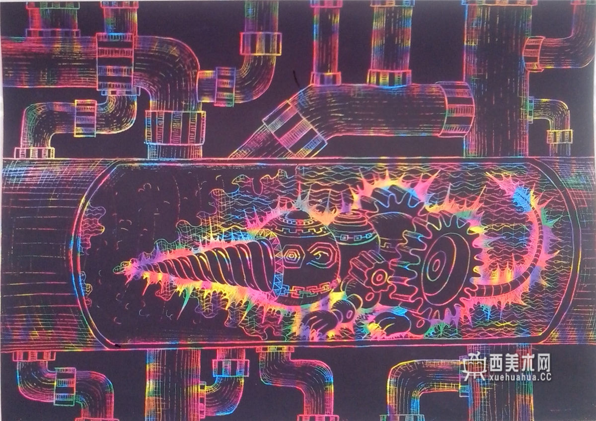 小学生科幻画《管道巡逻疏通鼠》赏析(1)