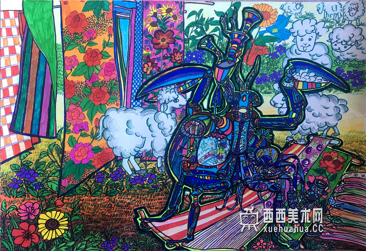 小学生二等奖科幻画《未来智能环保纺线 织布 绣花一体机》(1)