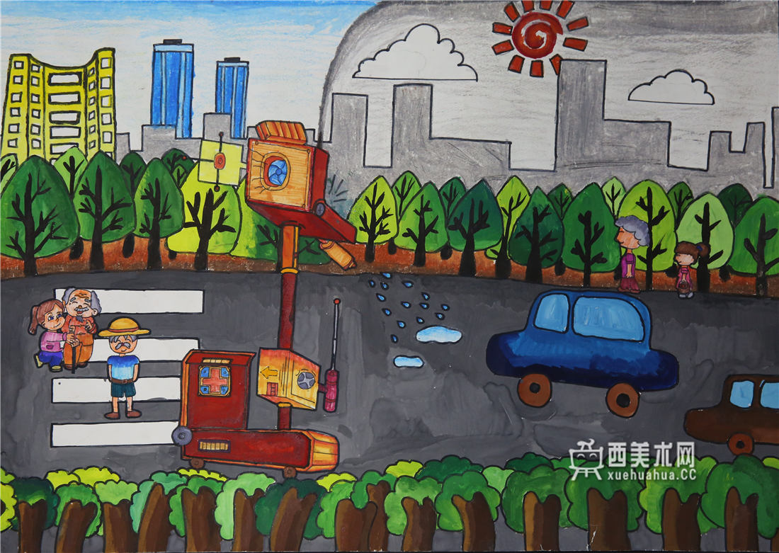 小学生环保科幻画《城市保卫者》(1)