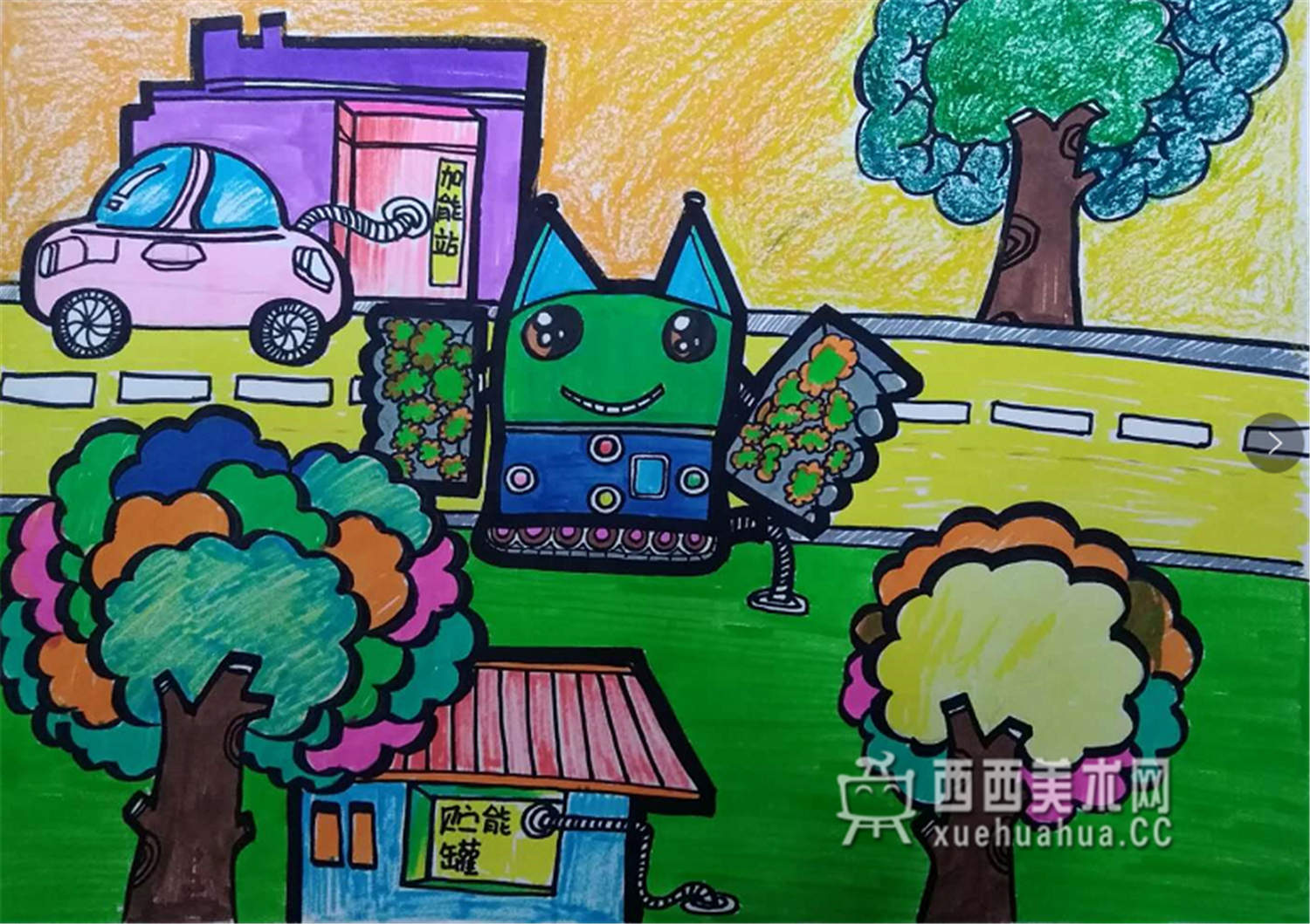 儿童环保科幻画作品《落叶清洁转能机车》(1)