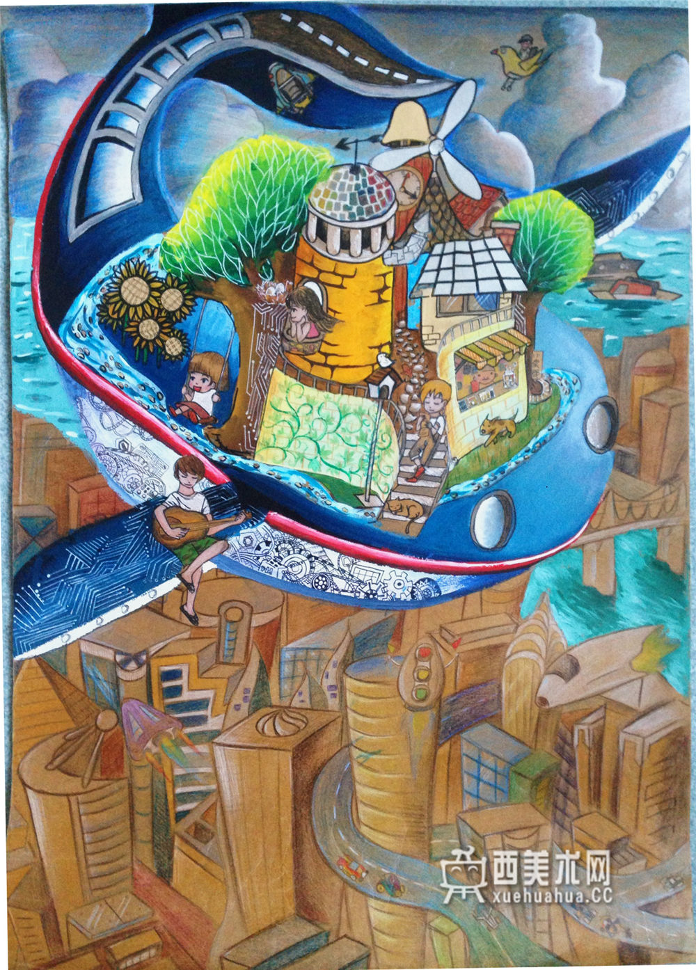 中学生科幻画《海陆空蓝鲸智能生态乐园》(1)