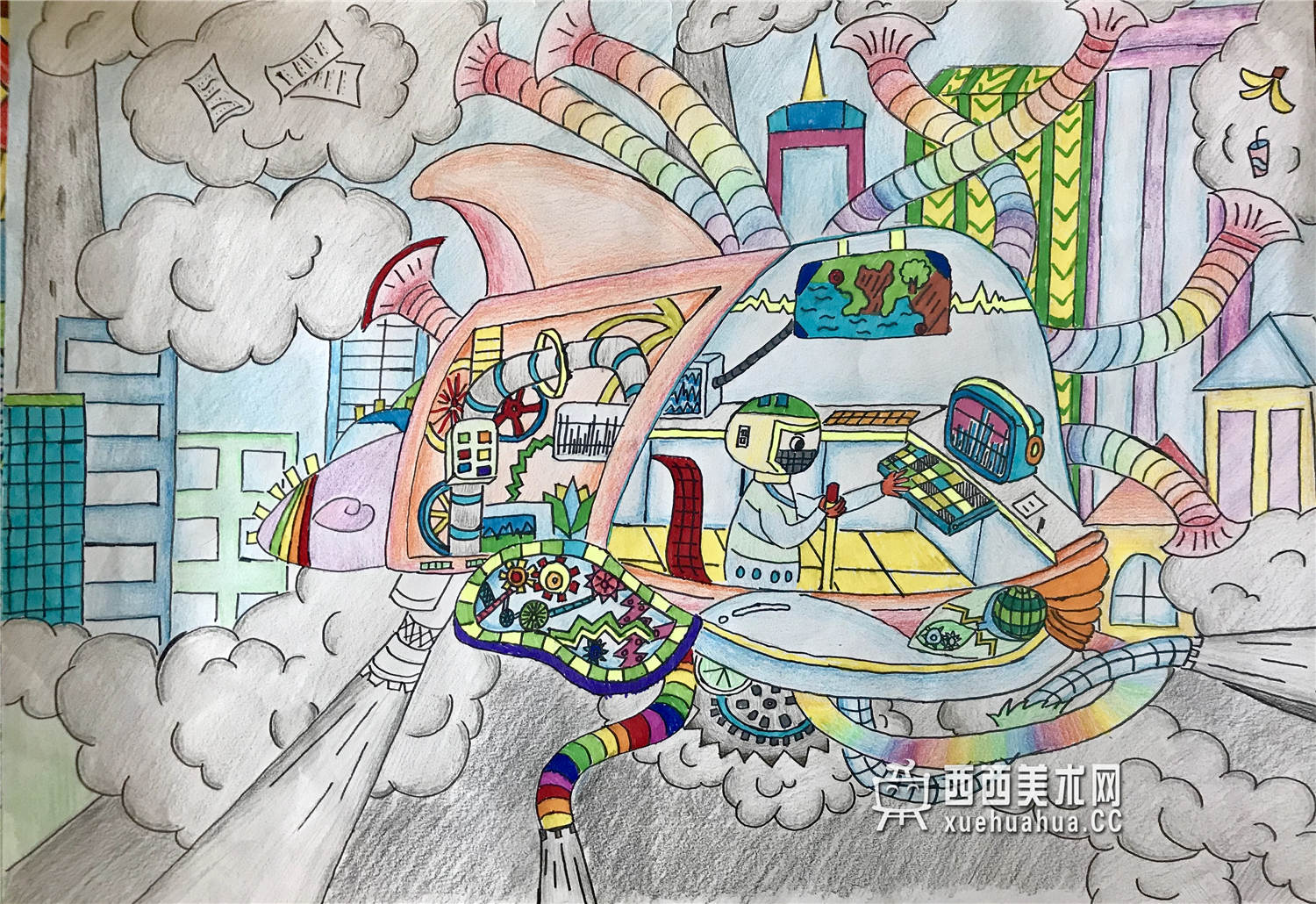 三等奖小学生环保科幻画《空气转换机》(1)