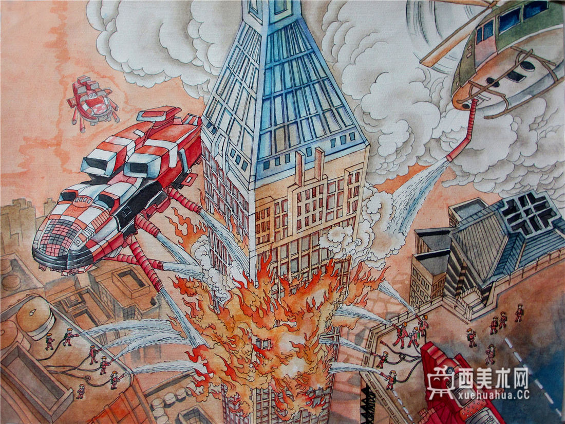 中学生科幻画《超级泵飞行消防机》(1)