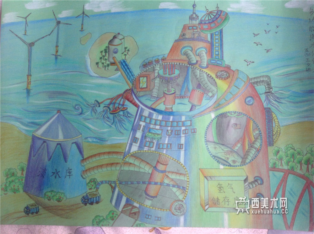 小学生创意科幻画《多功能海水淡化工厂》(1)