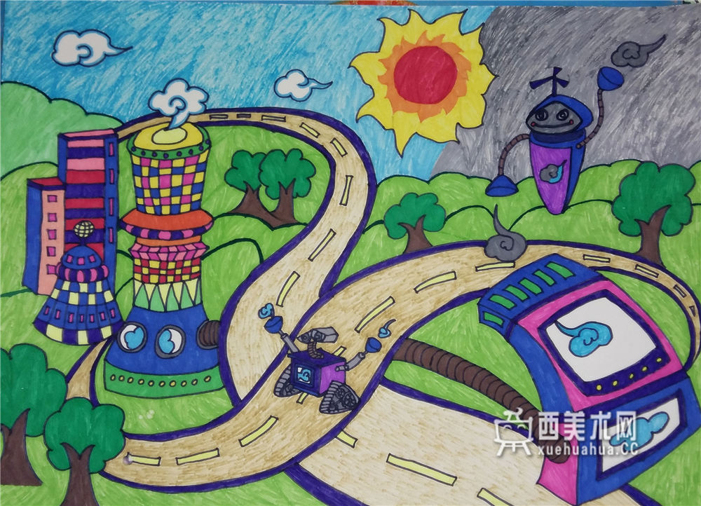 儿童环保科幻画《治理污染的机器人》(1)