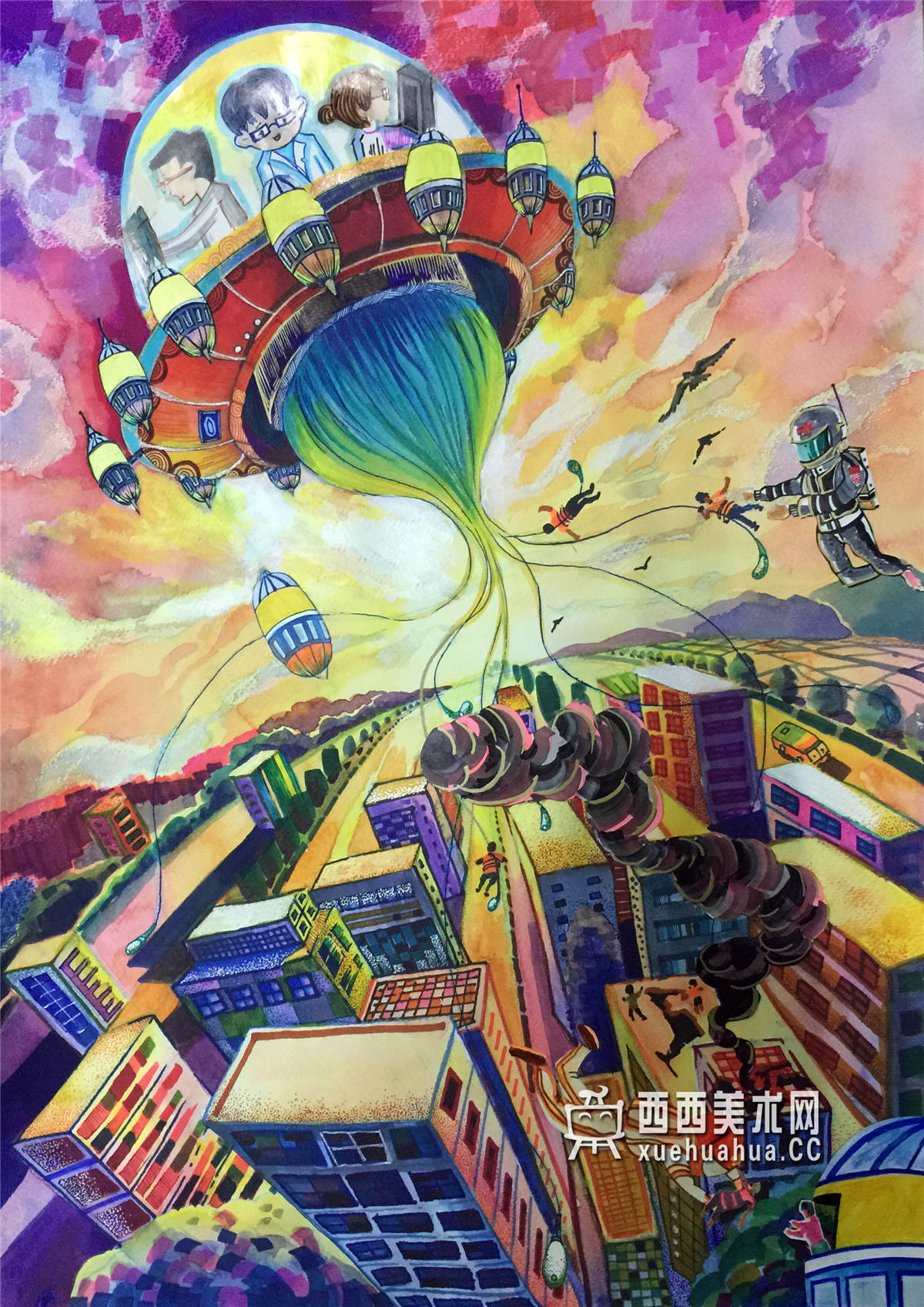中学生获奖科幻画《空中卫星安保中心》赏析(1)