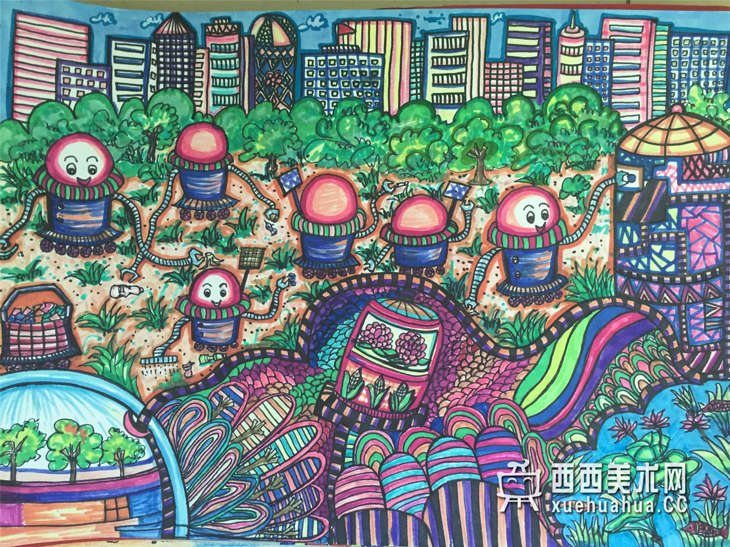 儿童二等奖获奖科幻画《太阳能垃圾处理机器人》(1)