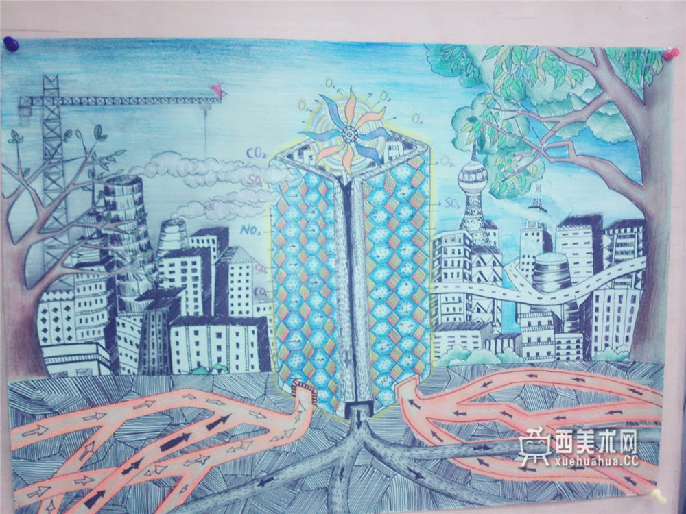 中学生获奖科幻画《地热能城市雾霾转化器》(1)