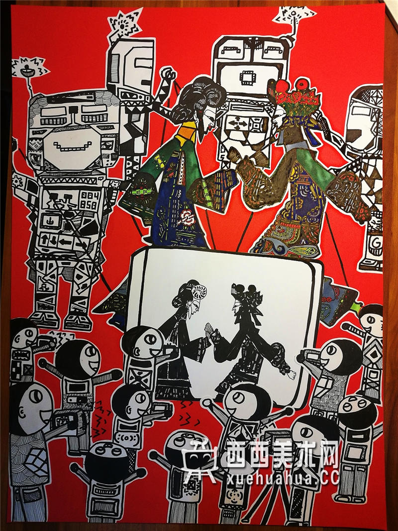 小学生获奖科幻画《非遗传承之皮影戏机器人》(1)