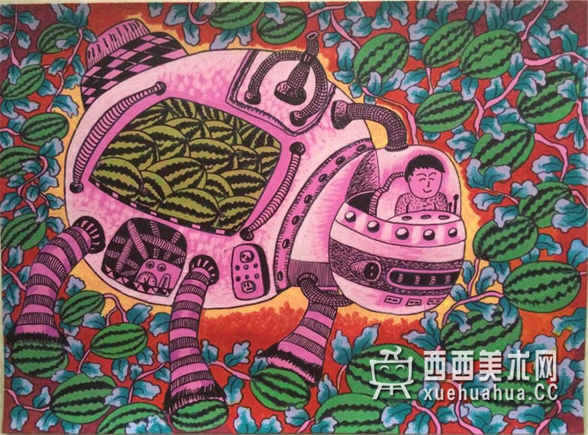 二等奖小学生科幻画《摘西瓜的高手》(1)