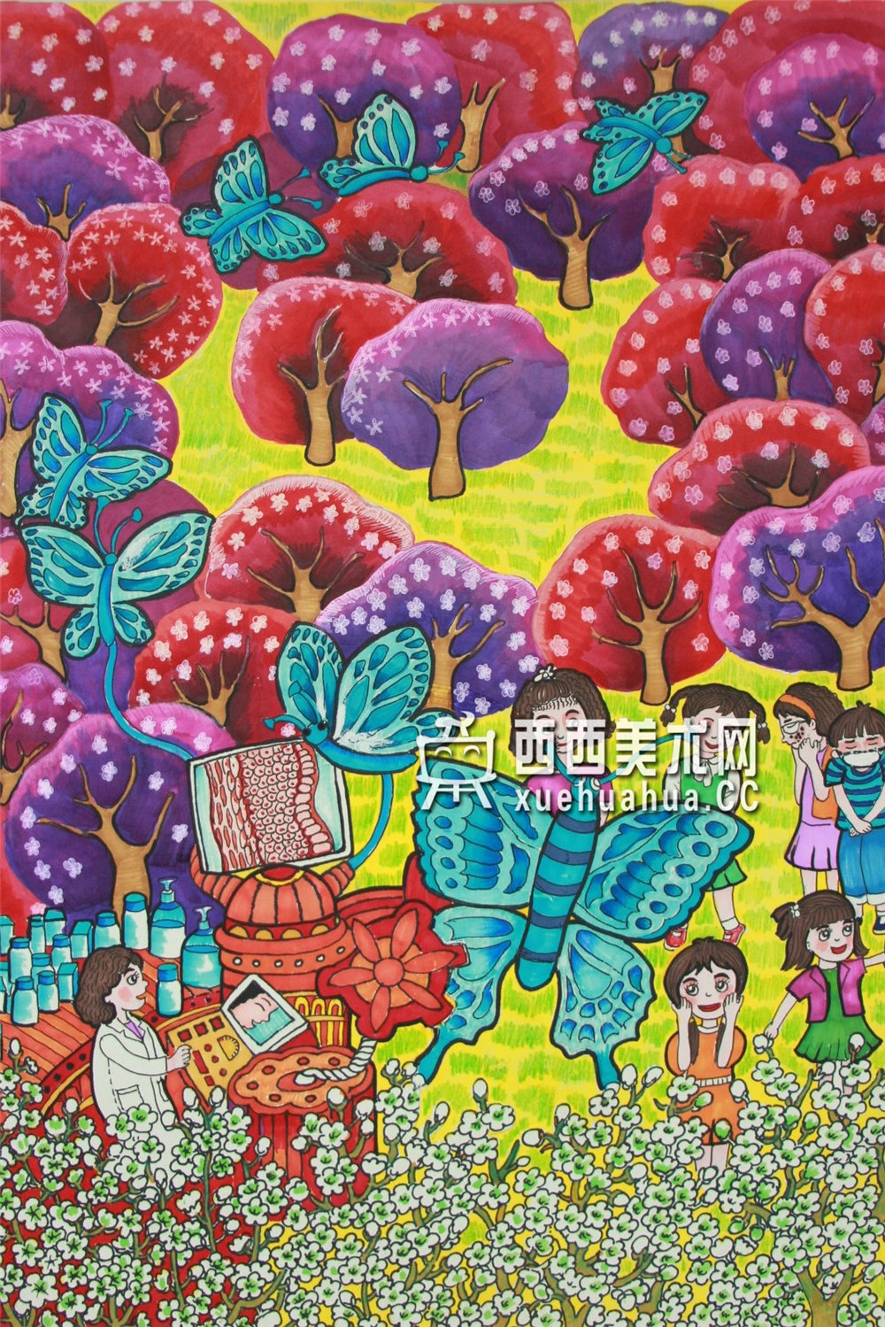 一等奖中学生获奖科幻画《治疗花粉过敏的仿生蝶医生》赏析(1)