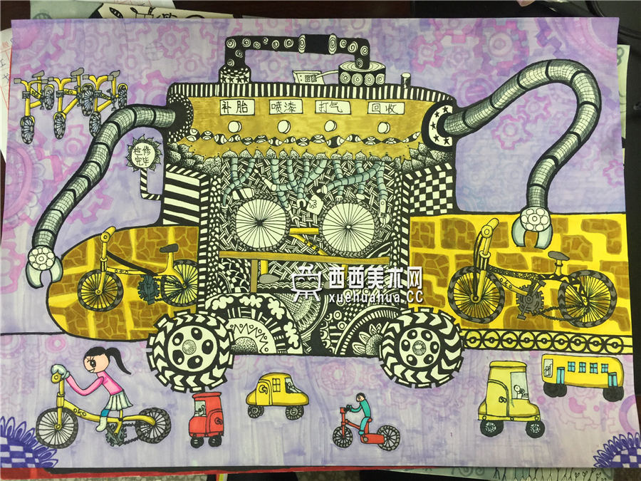 一等奖儿童科幻画作品《自动修理小黄车机》欣赏(1)