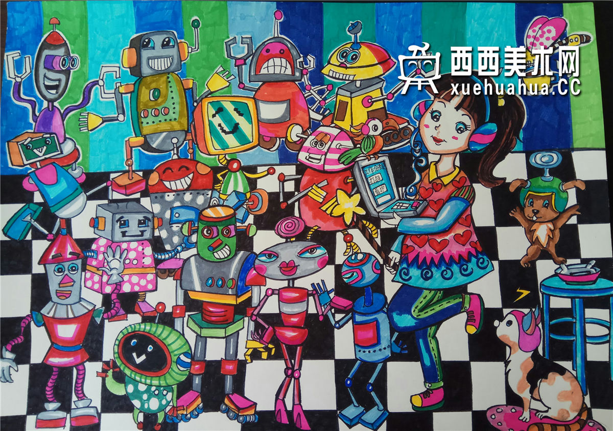 一等奖小学生科幻画《智能家居机器人》赏析(1)