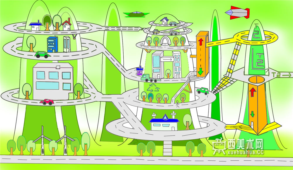 三等奖小学生获奖科幻画《立体绿城》(1)