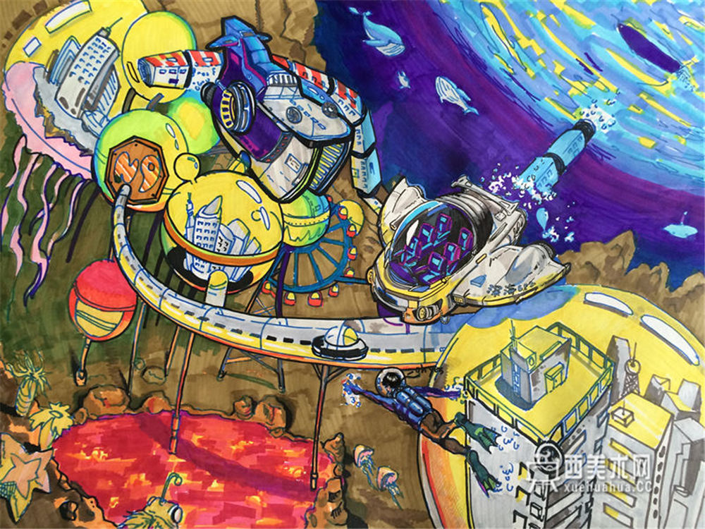 查看原始大图 小学生获奖科幻画《未来深海开发》(1)