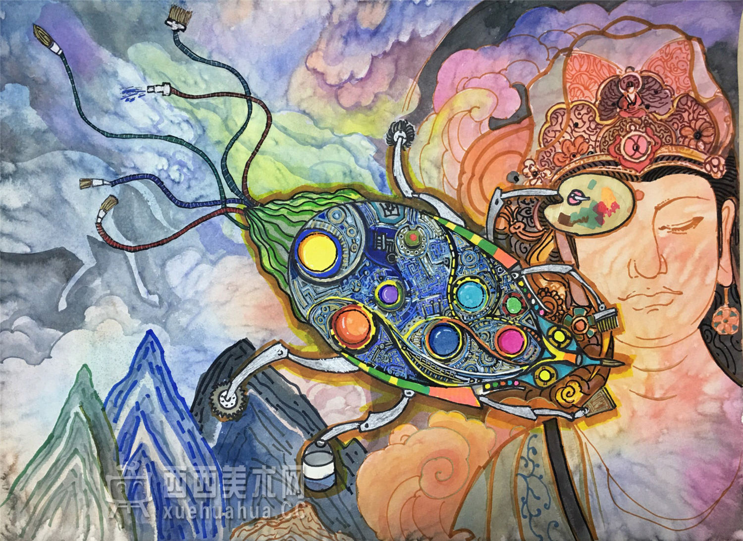 一等奖获奖儿童科幻画《修复和保护壁画的机器人》欣赏(1)