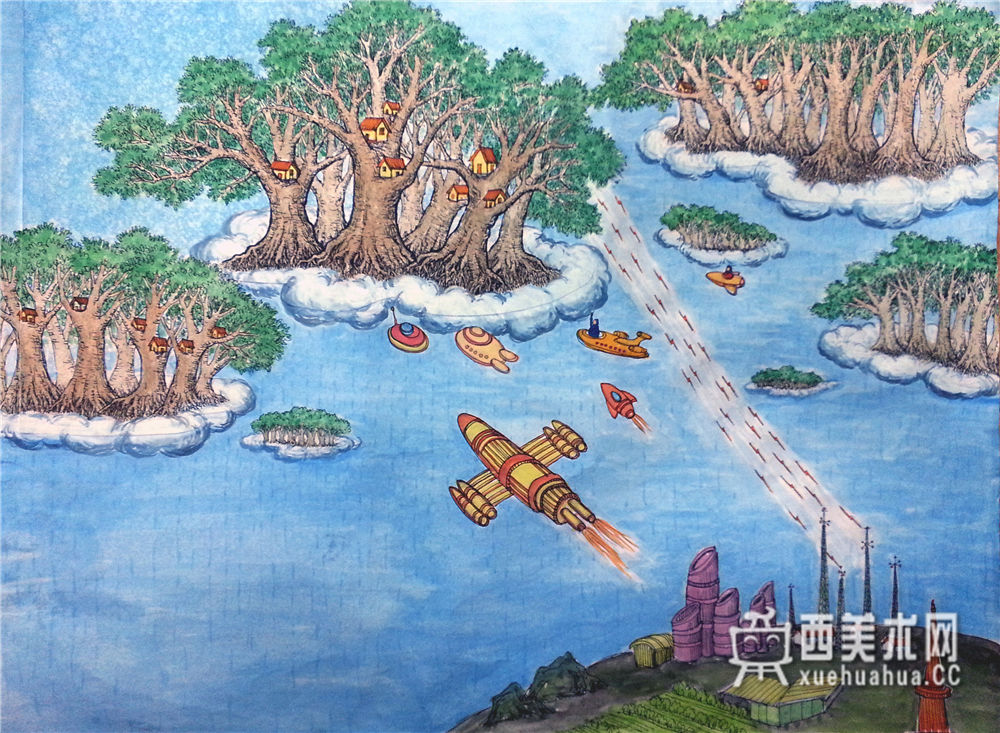 小学生获奖科幻画《神奇的云端森林》赏析(1)