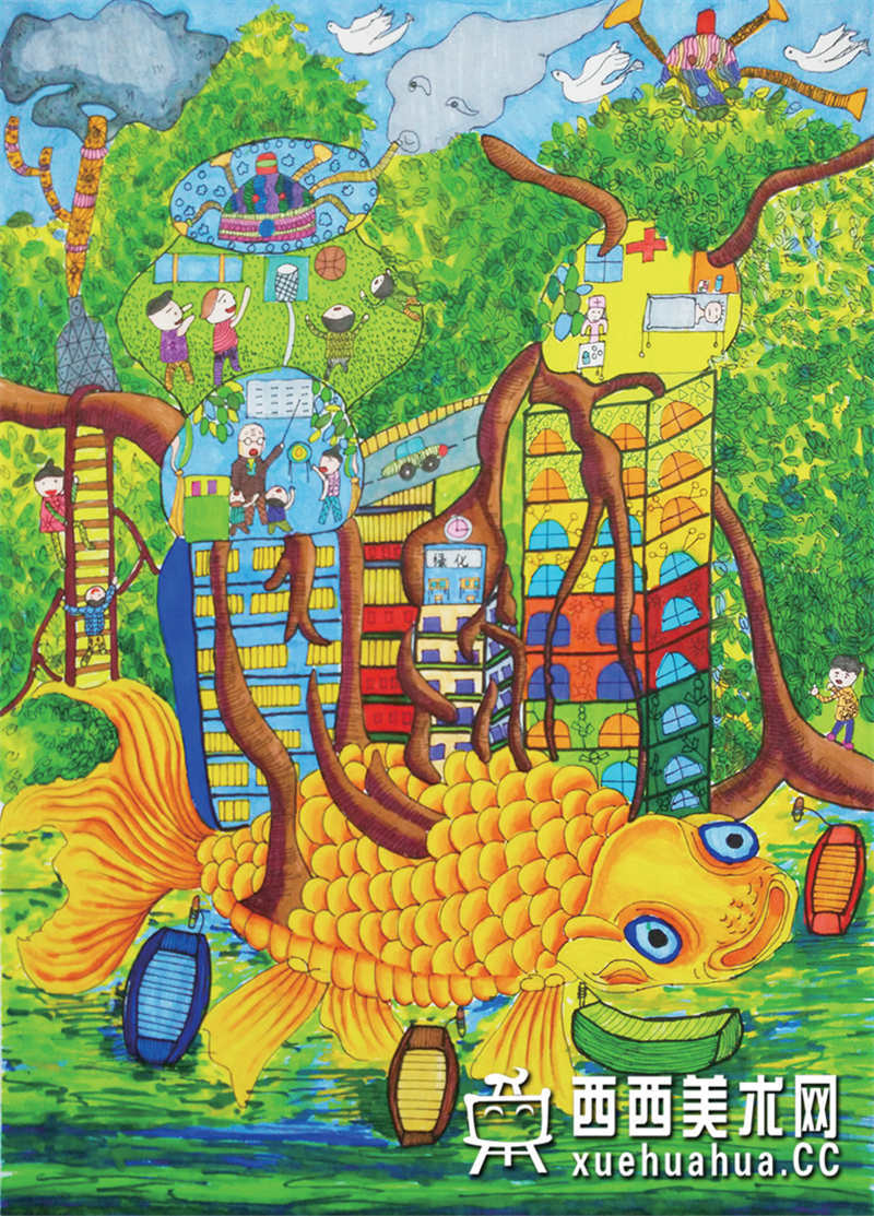 二等奖小学生获奖科幻画《鱼背上的家》欣赏(1)
