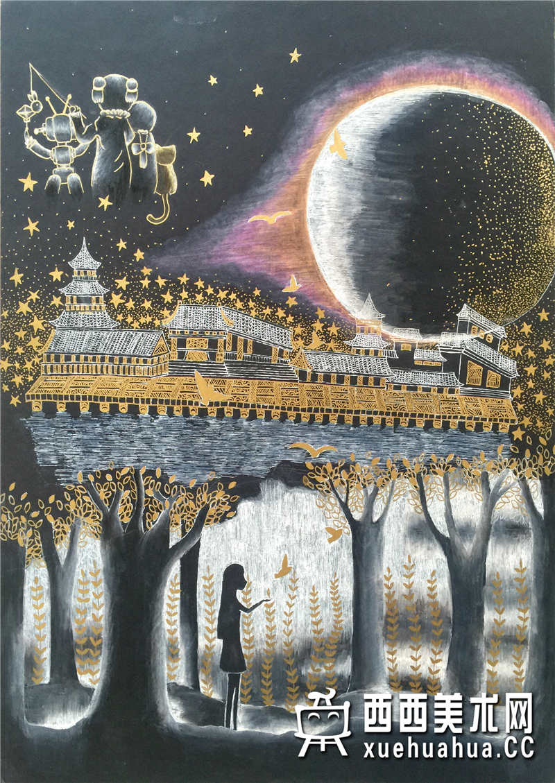 优秀儿童获奖科幻画《月朗秦淮》欣赏(1)