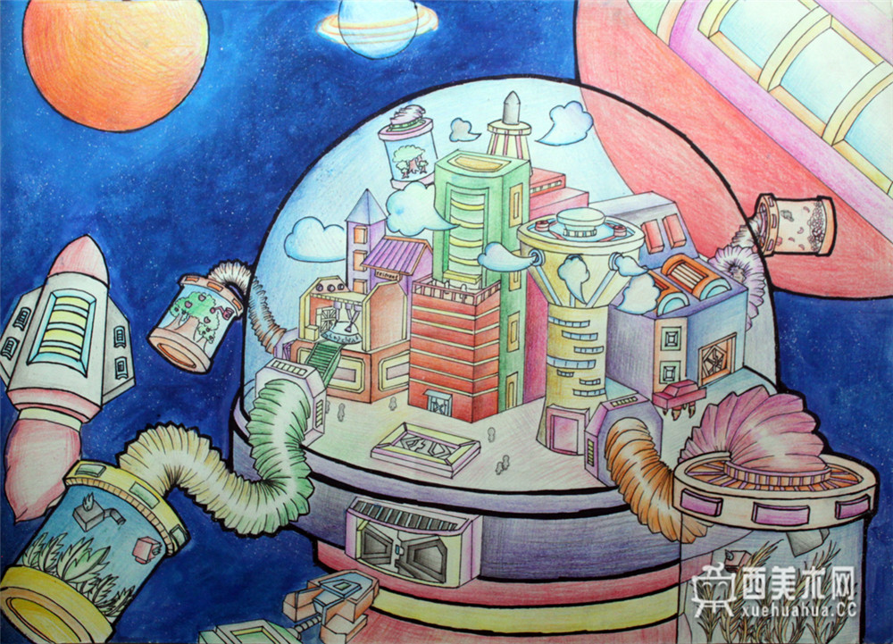 中学生获奖科幻画《太空旅行基站》(1)