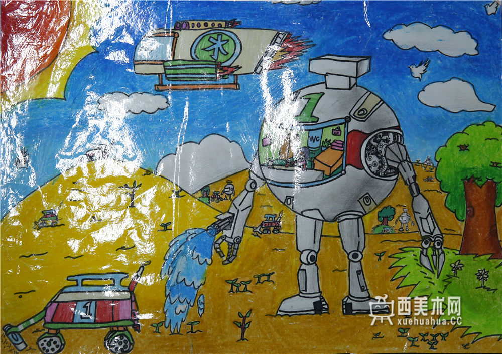 儿童获奖科幻画《沙漠环保机器人》(1)