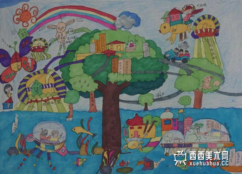 三等奖小学生获奖科幻画《有氧世界绿色生活》欣赏(1)