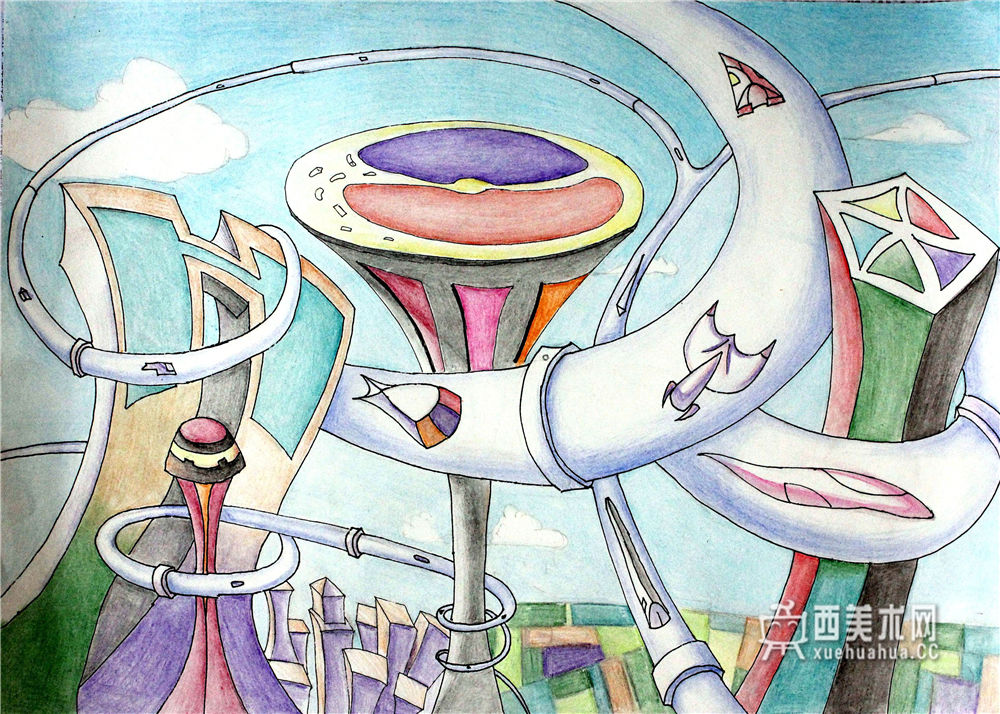中学生获奖科幻画《未来的空中车道》(1)