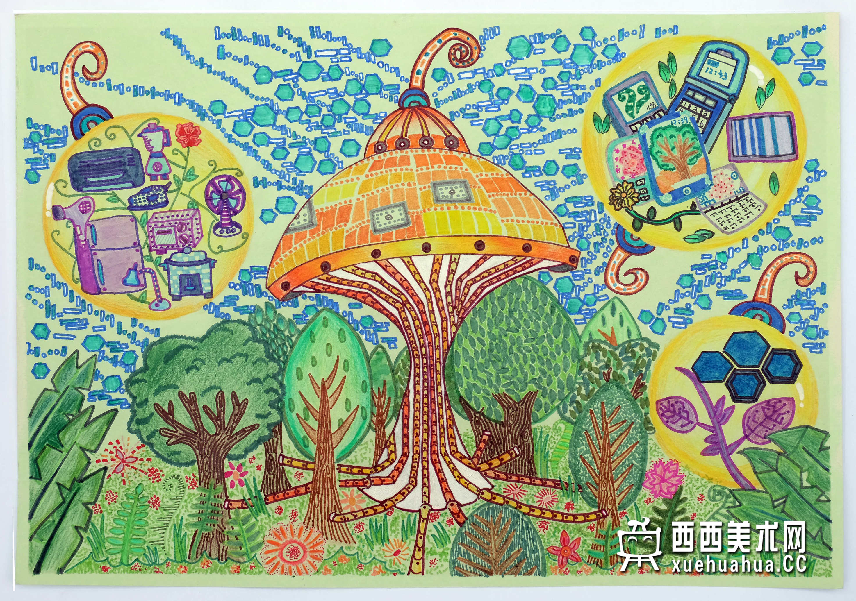 二等奖小学生获奖科幻画《无线植物发电厂》欣赏(1)