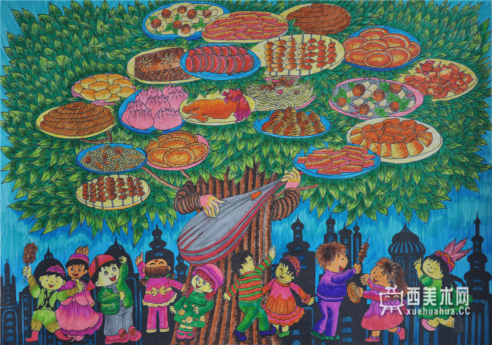 儿童获奖科幻画《 新疆音乐风味美食树》赏析(1)