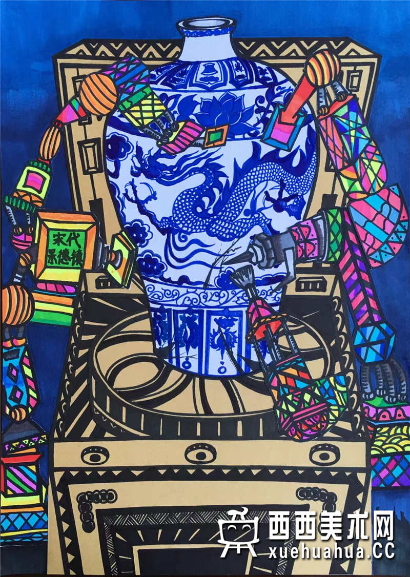 二等奖小学生获奖科幻画《智能古瓷修复机》欣赏(1)