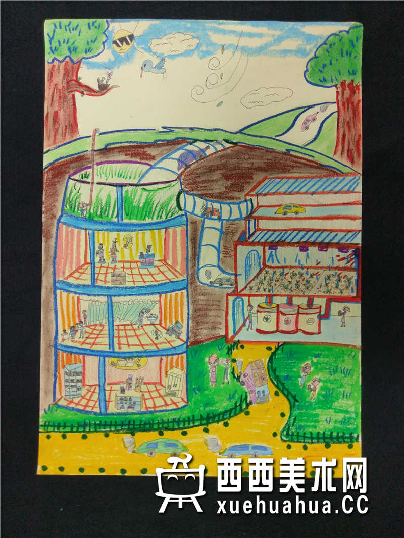 三等奖中学生获奖科幻画《人类另一居住点: 环保地下城巿》欣赏(1)