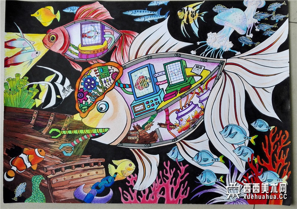 小学生科幻画《深海调研队》赏析(1)
