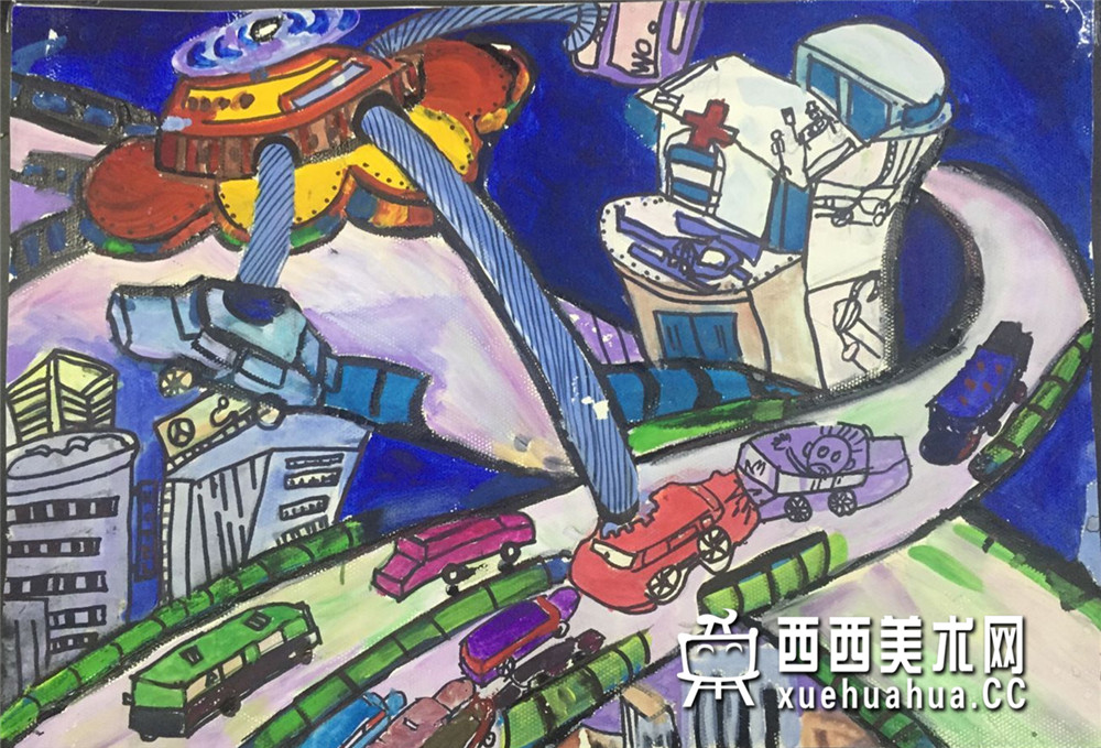 三等奖小学生获奖科幻画《空中交通警察》欣赏(1)