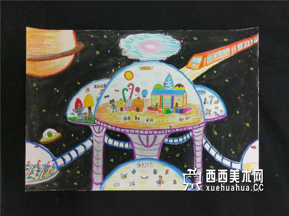 中学生获奖科幻画《外太空温室城巿》(1)