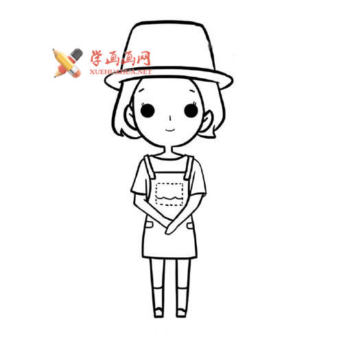 戴帽子的小女孩的简笔画画法教程【彩色】(8)