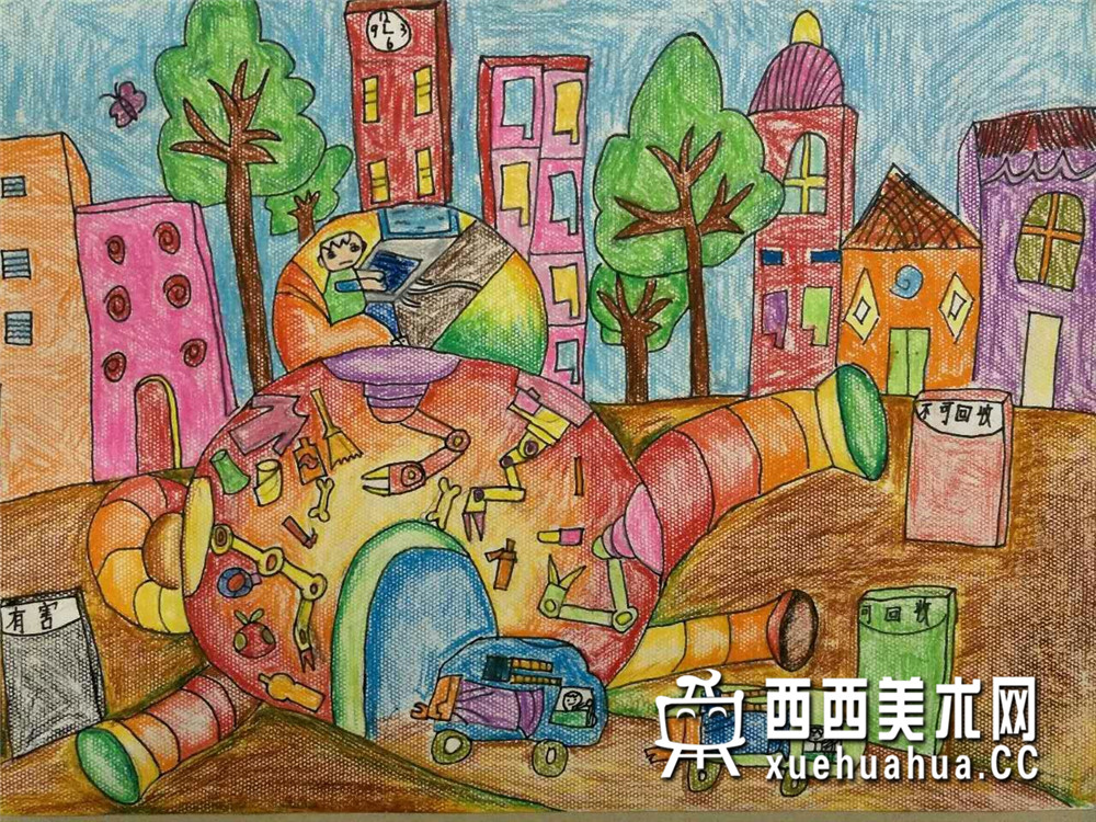 三等奖小学生获奖科幻画《垃圾分类器 》欣赏(1)