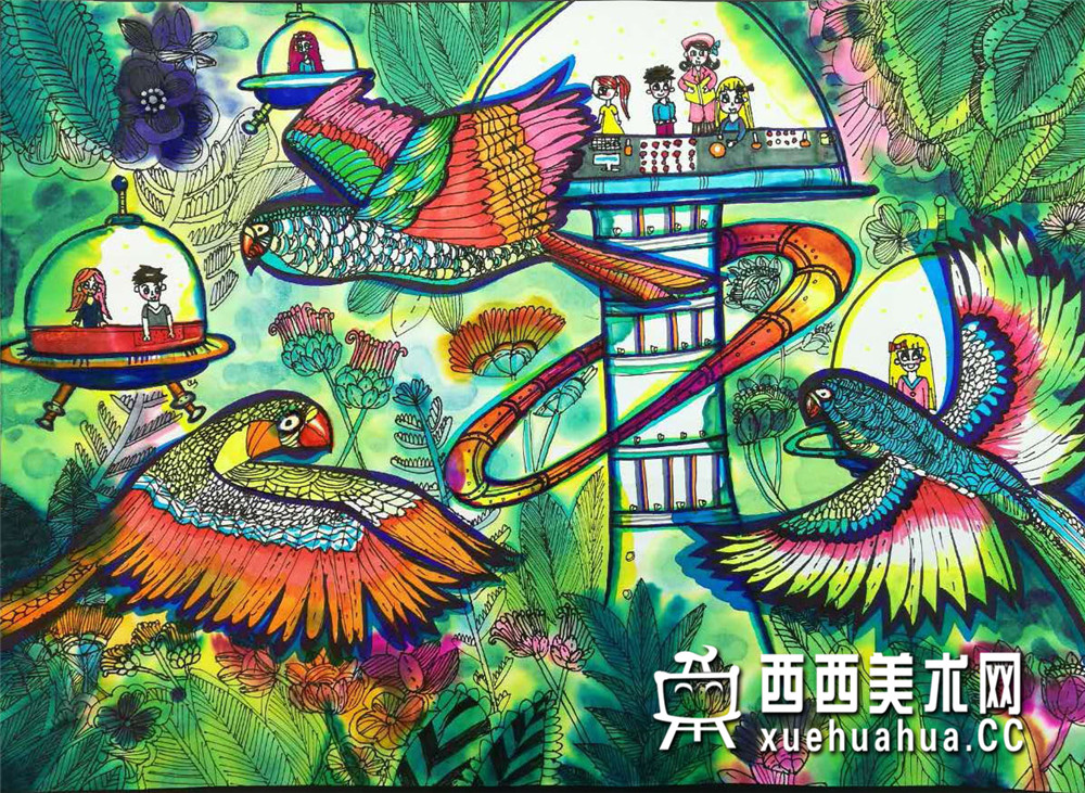 一等奖儿童获奖科幻画《蓝金刚鹦鹉乐园》欣赏(1)