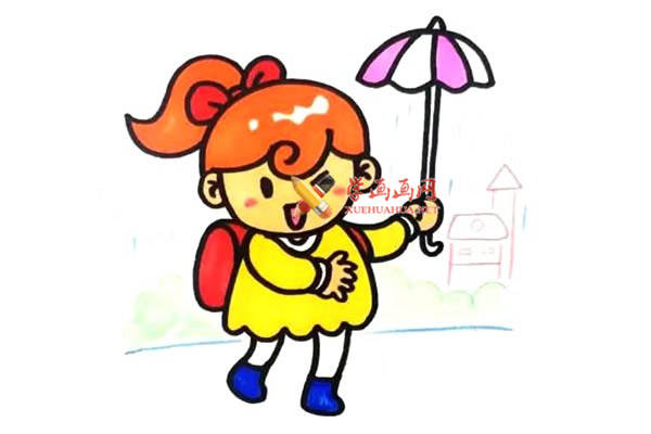 打伞的小女孩的简笔画画法教程【彩色】(5)