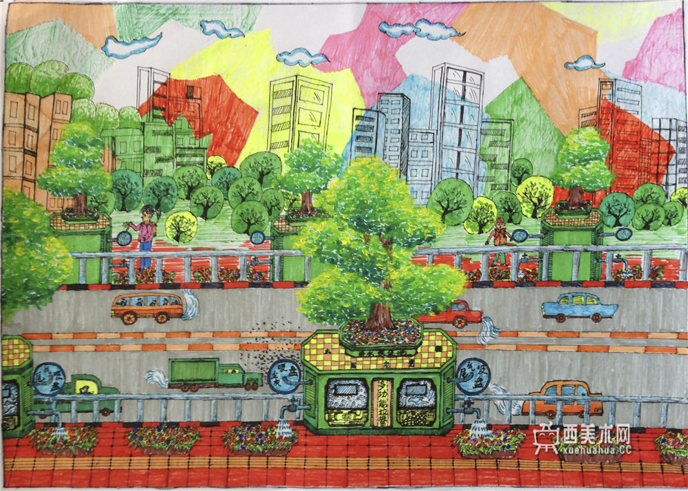 中学生科幻画《城市多功能垃圾处理器》(1)