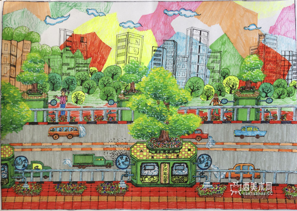 中学生科幻画《城市多功能垃圾处理器》(1)