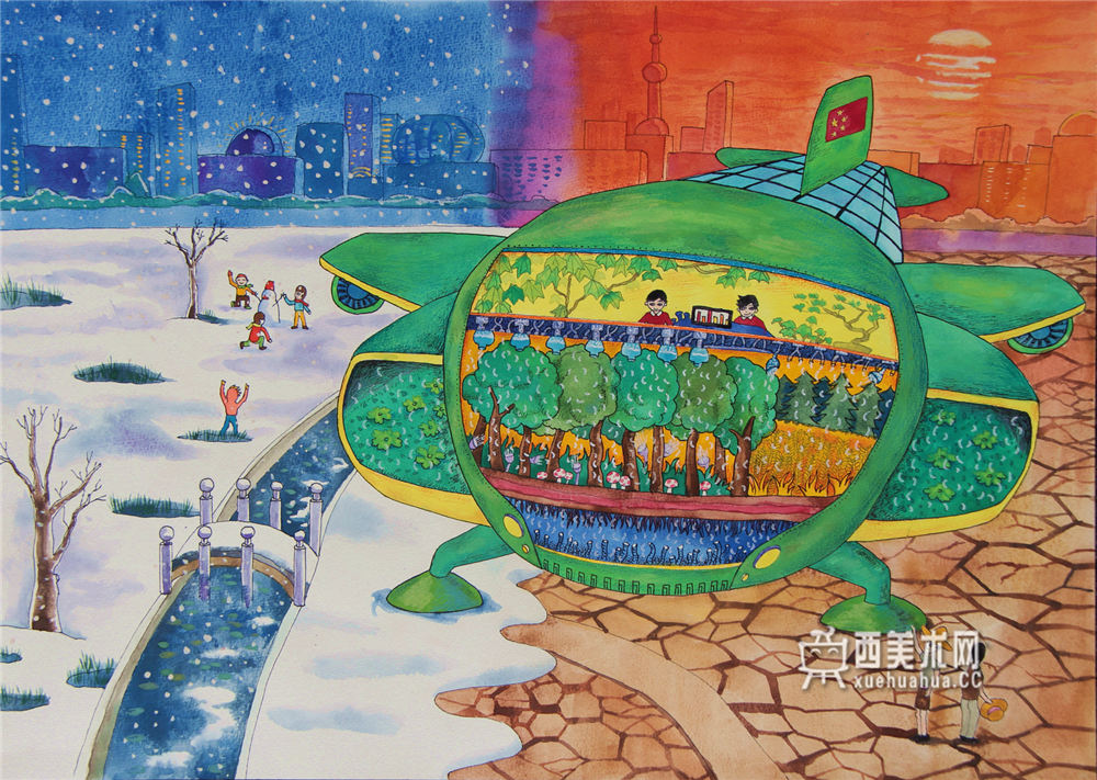 一等奖儿童获奖科幻画《移动恒温植物园》(1)