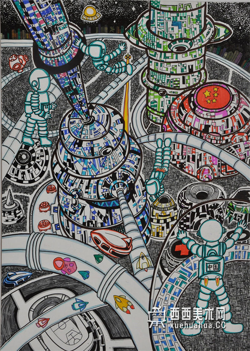 查看原始大图 儿童科幻画《未来的宇宙都市》欣赏(1)