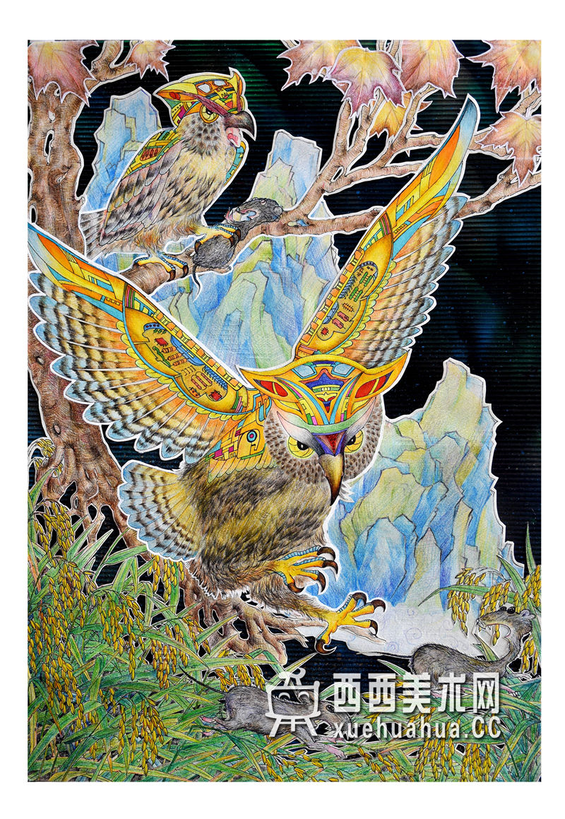 查看原始大图 儿童获奖科幻画《庄稼的好伙伴--智能扑鼠猫头鹰》(1)